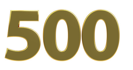 500 goldene plakative metallische 3D-Zahl, fünfhundert, Euro, Dollar, Preis, Kosten, Prämie,  Betrag, Gutschrift, Gewinn, Kapital, Business, Freisteller, Rendering