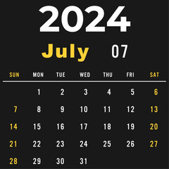 Monthly calendar template for 2024 year July 2024 year, Week Starts on Sunday, Desk calendar 2024 design, Wall calendar, planner design, stationery, printing media, red background, vector