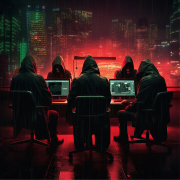 a ransomware hacker group in a command room with matrix rain background cyberpunk japanese