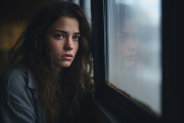 Fototapeta na wymiar Sad woman near the window