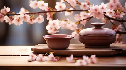 Rolgordijnen Tea ceremony, traditional teapot and ceramic cups on wooden tray on light background with sakura blossoms. Generative AI © AngrySun