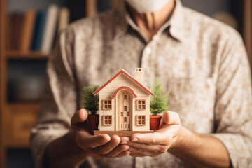 Senior man holding model house