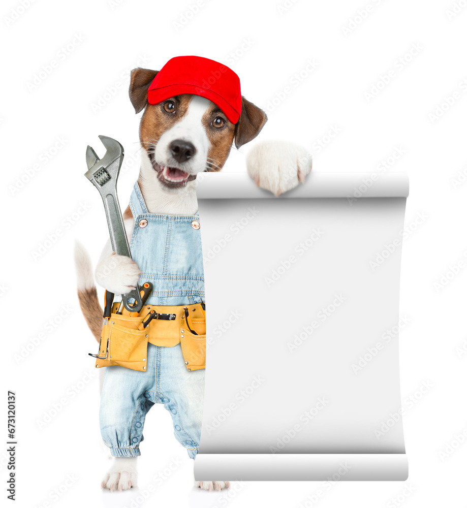 Poster funny puppy wearing red cap and denim overalls with tool belt shows empty list and adjustable wrench