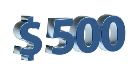 $500 plakative metallische 3D-Schrift blau, 500, fünfhundert, Dollar, Preis, Kosten, Prämie, Zahl, Betrag, Gutschrift, Gewinn, Kapital, Business, Devisen, Freisteller