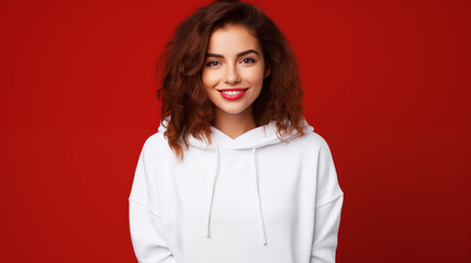 Fototapeta premium Young smiling woman wearing blank white hoodie isolated on a red background. AI