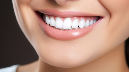 Close up of a woman smiling. Smile with perfect white teeth. AI