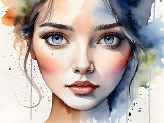 Cute young woman illustration face watercolor illustration pastel colors painting. Portrait of a beautiful young woman.
