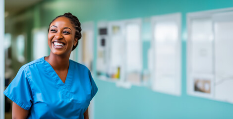 Nurse or healthcare professional looking happy and smiling. Colored woman wearing scrubs nurse uniform. Shallow field of view with copy space. - obrazy, fototapety, plakaty