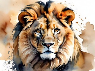 Watercolor illustration style realistic of a Beautiful majestic and proud lion head portratit on white background. illustration painting.