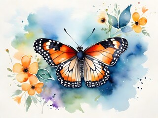 Fototapeta na wymiar Colorful butterfly in watercolor style, background pastel color palette. Wild animal wallpaper. For fabric design. 