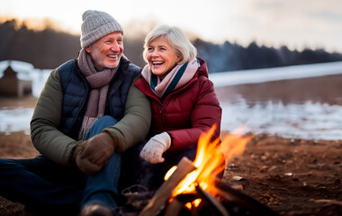 Mature senior couple sitting by a campfire, keeping warm and talking in winter with snow around them. Outdoor dating, adventure and being cozy by a fire. Shallow field of view - obrazy, fototapety, plakaty