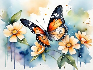 Colorful butterfly in watercolor style, background pastel color palette. Wild animal wallpaper. For fabric design. 