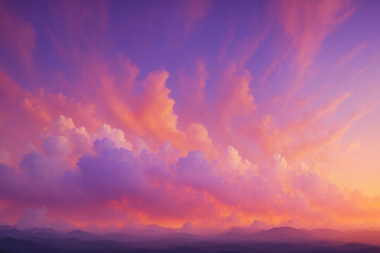 Vibrant Sunset Over Mountainous Landscape With Dramatic Clouds In A Purple And Orange Sky.