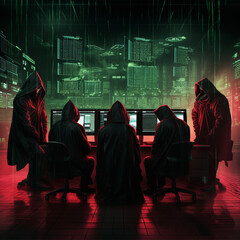 a ransomware hacker group in a command room with matrix rain background cyberpunk japanese - obrazy, fototapety, plakaty