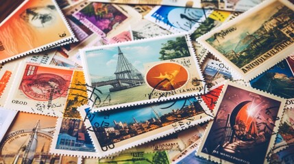 A stack of vintage postcards with vibrant, circular postage stamps from around the world