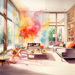 Watercolor painting of interior design room