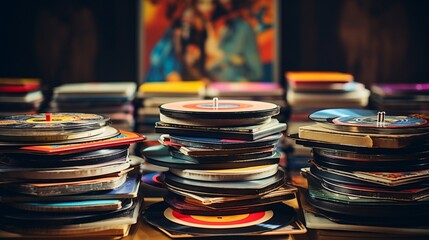 A stack of vintage vinyl records with colorful labels, forming a captivating arrangement - obrazy, fototapety, plakaty