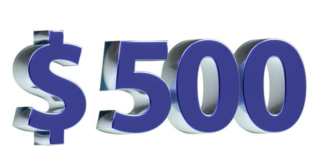 $500 blaue plakative metallische 3D-Schrift, 500, fünfhundert, Dollar, Preis, Kosten, Prämie, Zahl, Betrag, Gutschrift, Gewinn, Kapital, Business, Devisen, Freisteller