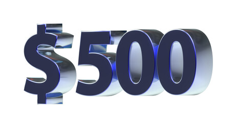 $500 blaue plakative metallische 3D-Schrift, 500, fünfhundert, Dollar, Preis, Kosten, Prämie, Zahl, Betrag, Gutschrift, Gewinn, Kapital, Business, Devisen, Freisteller