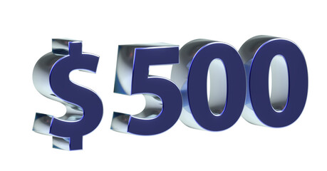 $500 blaue plakative metallische 3D-Schrift, 500, fünfhundert, Dollar, Preis, Kosten, Prämie, Zahl, Betrag, Gutschrift, Gewinn, Kapital, Business, Devisen, Freisteller