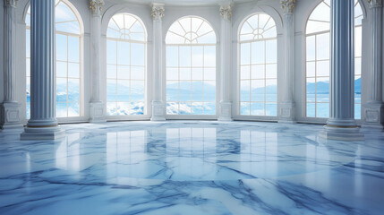 A Luxurious Sunlit Room With a Blue Marble Floor and Tall Arched Windows - obrazy, fototapety, plakaty