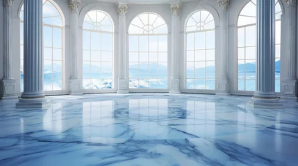 Fotobehang A Luxurious Sunlit Room With a Blue Marble Floor and Tall Arched Windows © Adam
