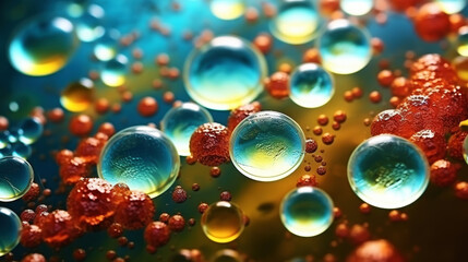 Naklejka premium Abstract biology. Microscopy of colorful organic structures, microorganisms, cells. Microbiology concept. Generative AI