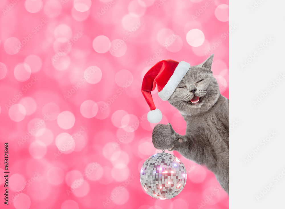 Aufkleber Smiling cat wearing red christmas hat looks from behind empty white banner and shows disco ball. Festive background. Empty space for text
