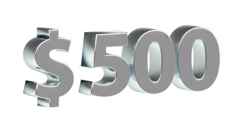 $500 silberne plakative metallische 3D-Schrift, 500, fünfhundert, Dollar, Preis, Kosten, Prämie, Zahl, Betrag, Gutschrift, Gewinn, Kapital, Business, Devisen, Freisteller