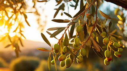 Closeup of olives with dew drops on the branch of olive tree on the sunset. Generative AI - obrazy, fototapety, plakaty