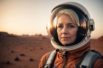 Close-up of a beautiful adult blonde astronaut woman wearing an orange spacesuit looks into the distance against the background of the Mars planet, copy space