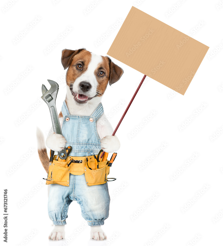 Aufkleber funny jack russell terrier puppy wearing red cap and denim overalls with tool belt holds adjustable 
