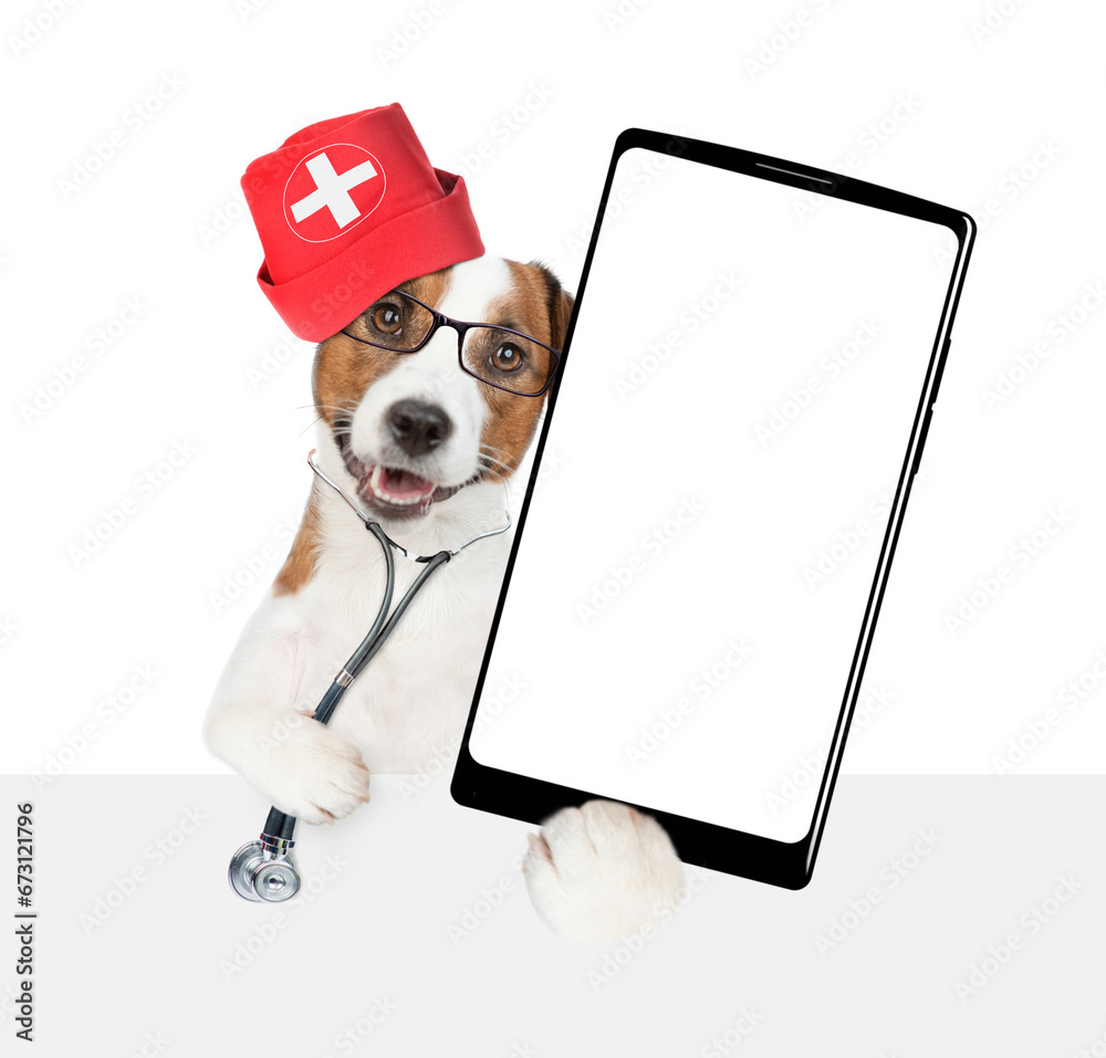Aufkleber smart jack russell terrier wearing like a doctor with stethoscope on his neck showing big smartphone