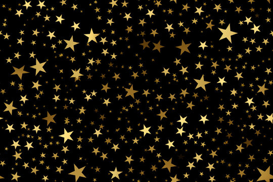 Abstract black background with and gold glowing stars