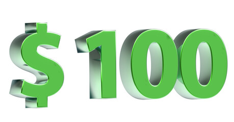 $100 plakative grüne metallische 3D-Schrift, einhundert, USD, Dollar, Preis, Kosten, Prämie, Rabatt, Gewinn, Gutschrift, Belohnung, Kapital, Business, Geschenk, wertvoll