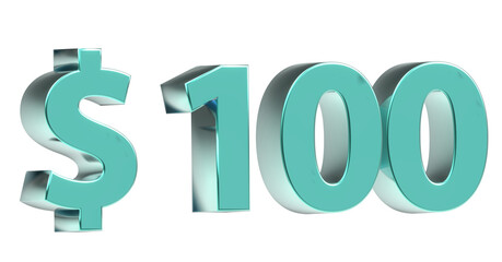 $100 plakative türkise metallische 3D-Schrift, einhundert, USD, Dollar, Preis, Kosten, Prämie, Rabatt, Gewinn, Gutschrift, Belohnung, Kapital, Business, Geschenk, wertvoll