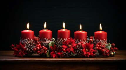 Candles, Christmas Decoration with Four Burning Candles in Festive Setting for Holiday Celebration Winter Atmosphere