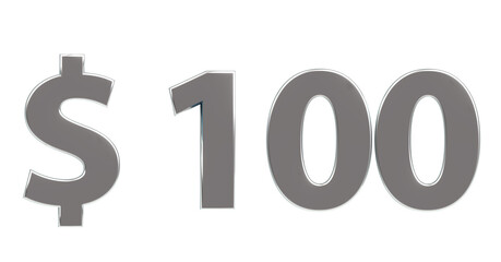 $100 plakative silberne metallische 3D-Schrift, einhundert, USD, Dollar, Preis, Kosten, Prämie, Rabatt, Gewinn, Gutschrift, Belohnung, Kapital, Business, Geschenk, wertvoll