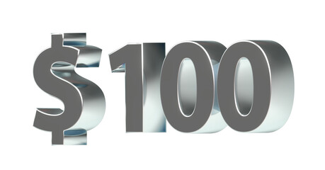 $100 plakative silberne metallische 3D-Schrift, einhundert, USD, Dollar, Preis, Kosten, Prämie, Rabatt, Gewinn, Gutschrift, Belohnung, Kapital, Business, Geschenk, wertvoll