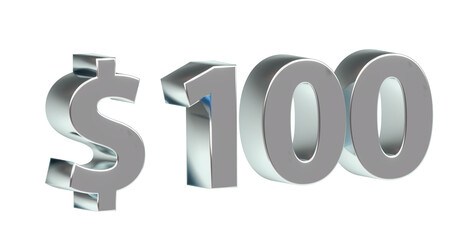 $100 plakative silberne metallische 3D-Schrift, einhundert, USD, Dollar, Preis, Kosten, Prämie, Rabatt, Gewinn, Gutschrift, Belohnung, Kapital, Business, Geschenk, wertvoll