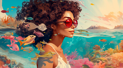 A woman in sunglasses against the backdrop of the sea or ocean, mountains, fish and corals. Vacation concept. Illustration of vacation in the tropics, at sea. Young girl in summer clothes