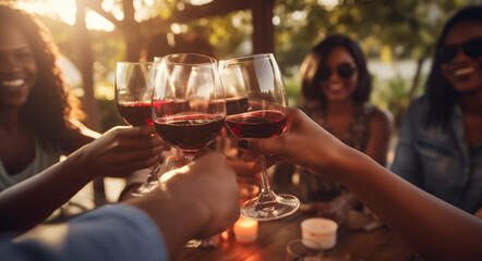 People cheers, making toasts with wine and champagne glasses at a party celebration with friends enjoy a warm summer evening. - obrazy, fototapety, plakaty