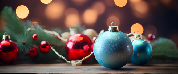 close up of festive christmas ornaments and pine branches with warm bokeh lights