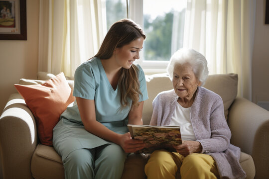 Shot of a nurse and a senior woman looking at a photo album together