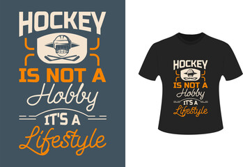 T-shirt label design with illustration of hockey mask, hockey sticks and puck
