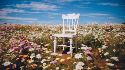 White wooden chair in the flowers field