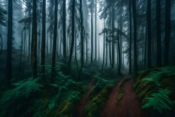 Obraz premium View of forest with fog - AI Generative