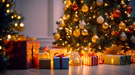 Fototapeta na wymiar Gifts below the Christmas tree fairy lights.