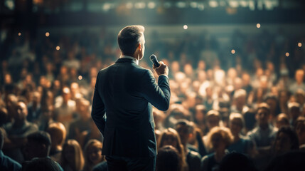 Businessman motivational speaker standing on stage in front of an audience for a speech at conference or business event. - obrazy, fototapety, plakaty