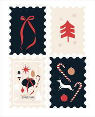 Fototapeta na wymiar Merry Christmas and Happy New Year set of greeting stamps, cards, posters, holiday covers. Christmas design in red, beige, white colors. Christmas tree, balls, snowflakes, deer, lollipops.